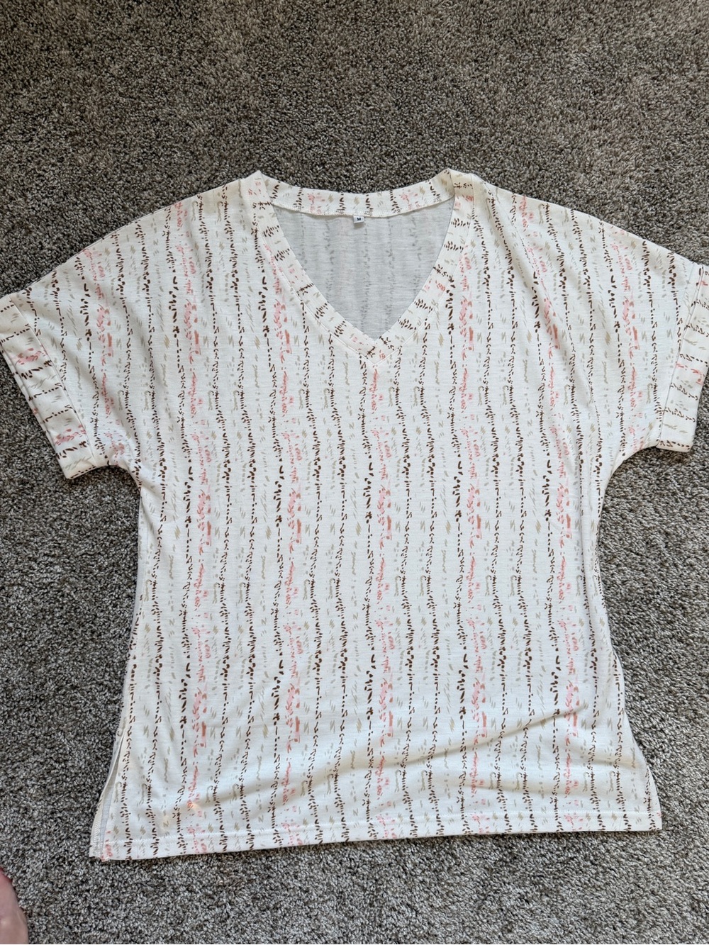 CC Boutique Cream V-Neck Short Sleeve Top with Pink and Brown Stripes